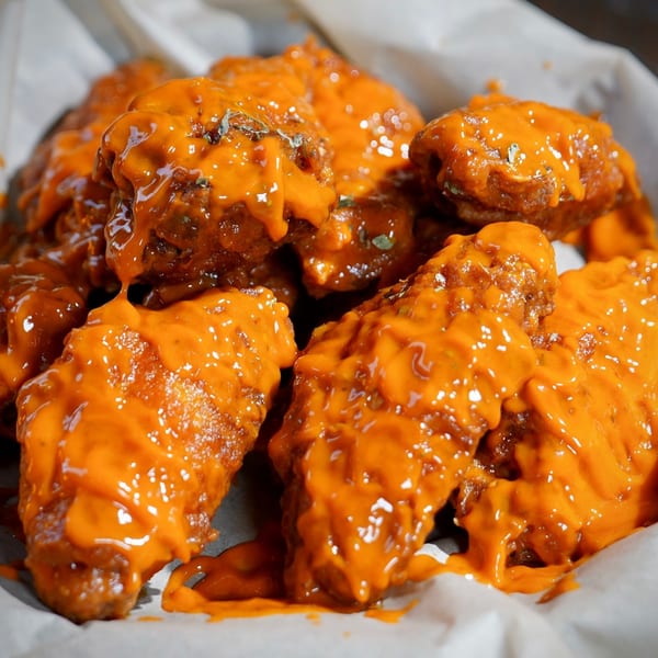 Close-up of Colonial Bar & Grill's chicken wings generously coated in bright orange buffalo sauce.